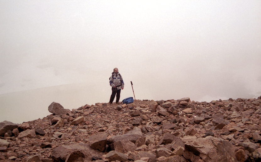     .  Simon and the morain lake in fog.